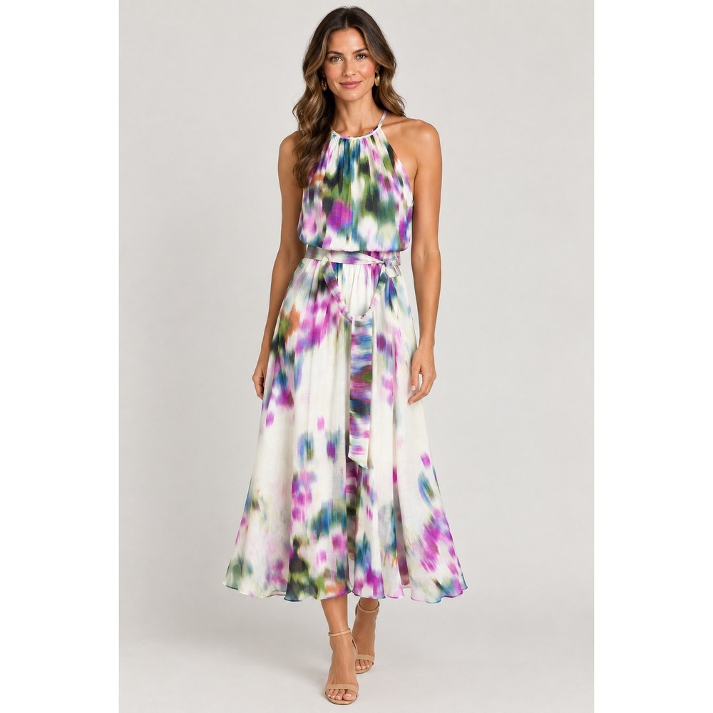 DKNY Womens Garden Watercolor Floral Halter Midi Dress White Purple Size 6 Lined